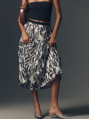 Maeve Anthropologie Printed Black and White Midi Skirt